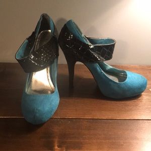Turquoise and black high heels